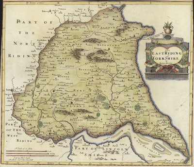 イーストライディングオブヨークシャーの地図（カラー彫刻） 作： Robert Morden